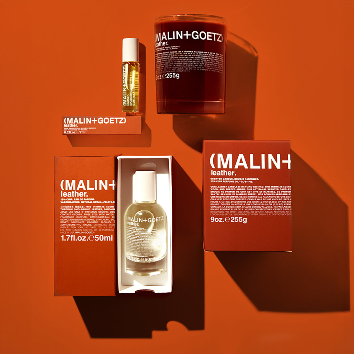 Malin+Goetz vela perfumada leather y perfume leather y muestra