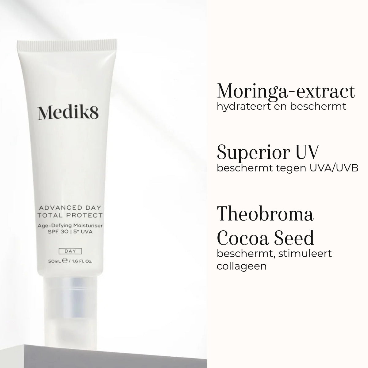 Medik8 Advanced Day Total Protect SPF 30 ingredientes moringa y semilla de cacao