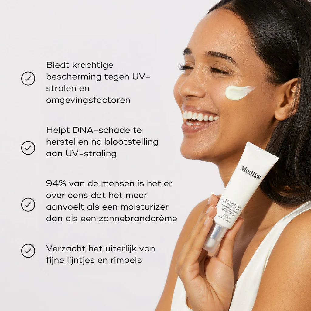 Medik8 Advanced Day Ultimate Protect SPF 50+ 50ml modelo con tubo y beneficios