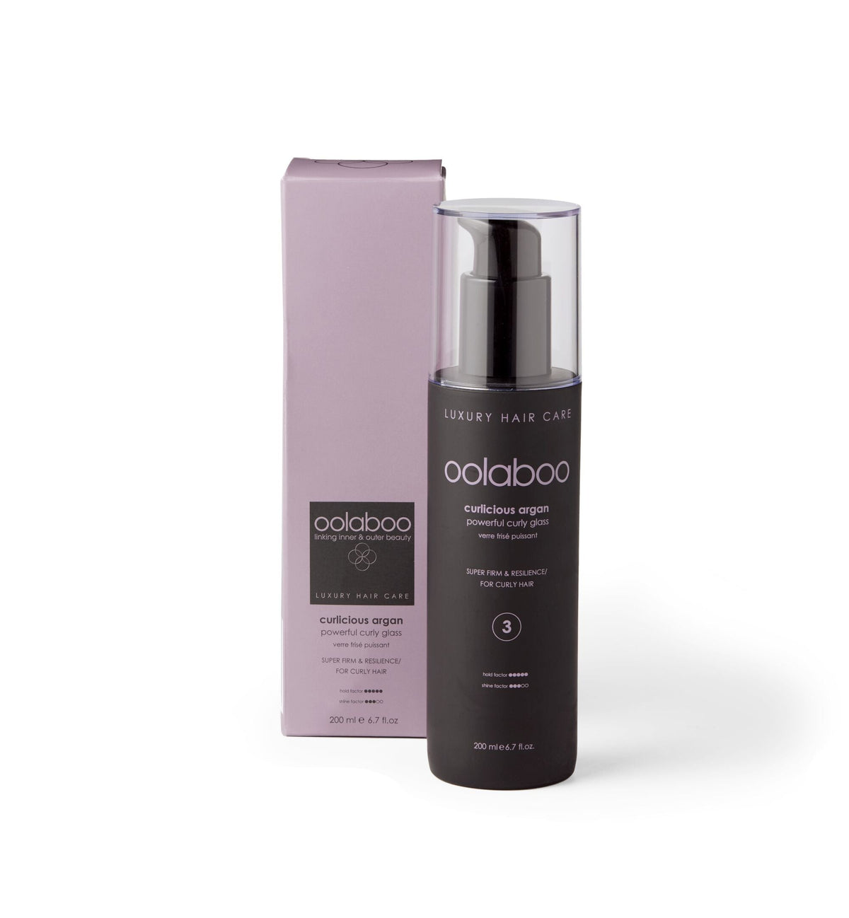 Oolaboo Curlicious Powerful Curly Glass frasco de 200 ml con caja