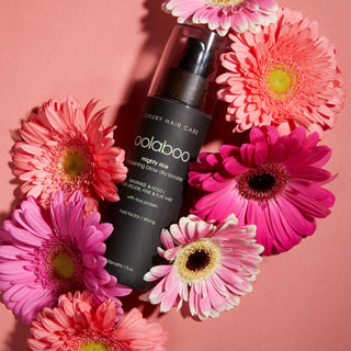 Oolaboo Mighty Rice Blow Dry Booster tussen roze gerbera's